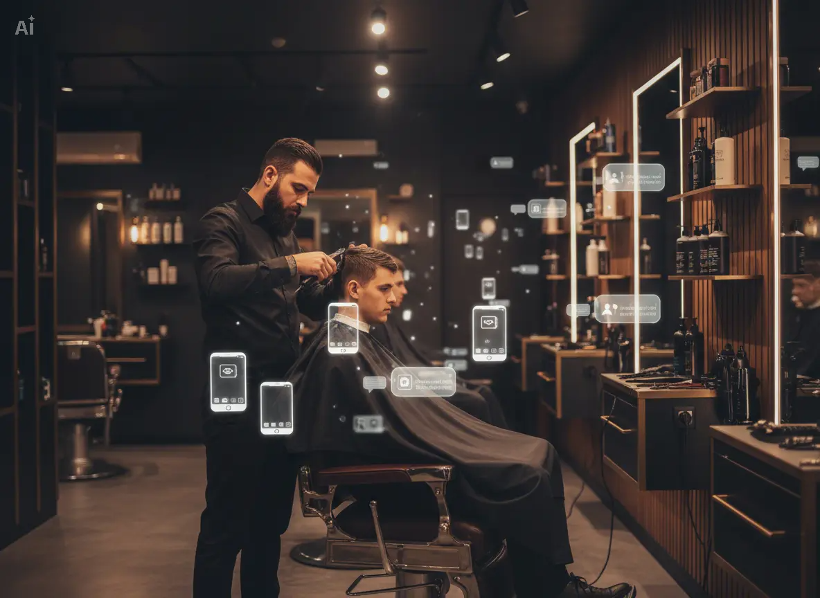 Barbero trabajando mientras llegan mensajes