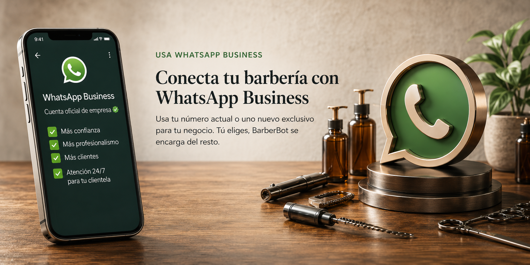 Conecta tu barbería con WhatsApp Business: usa tu número actual o uno nuevo exclusivo para tu negocio. Tú eliges, BarberBot se encarga del resto.